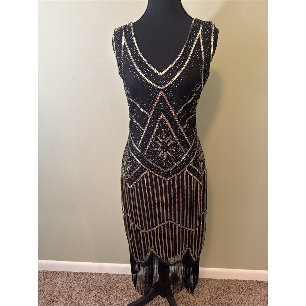 Black Beaded Art Deco Midi Dress with Blush Accents